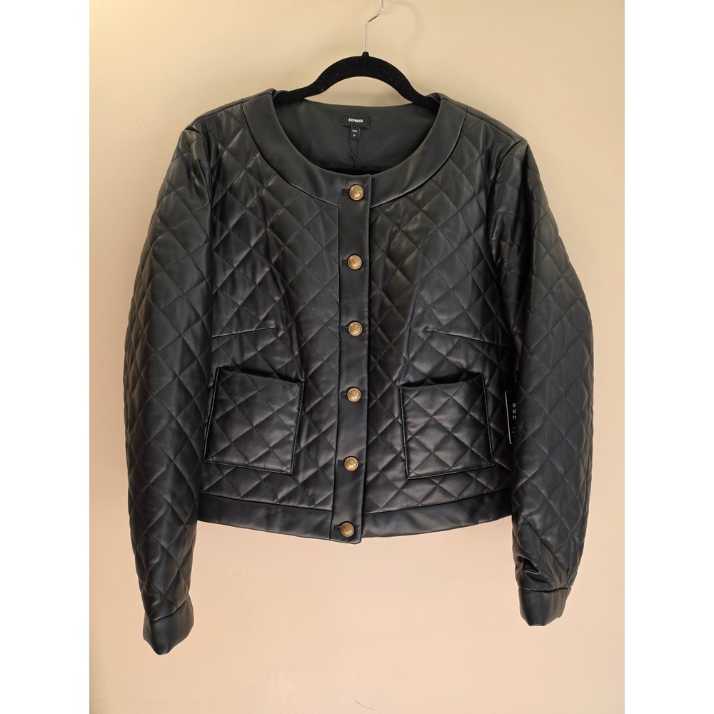 Express Quilted Faux Leather Jacket Black Gold Button Collarless XL NEW